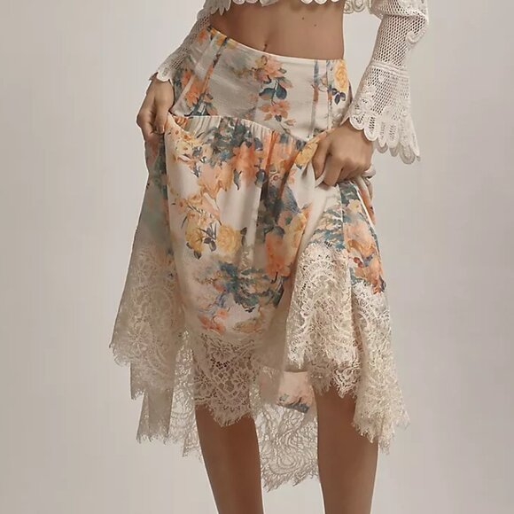Anthropologie Asymmetrical Lace A-Line Skirt XS NEW Floral Fruit Print Bohemian